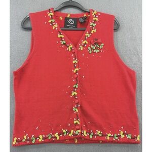VTG Michael Simon Vest Womens Large Red Floral Sleeveless V-Neck Button Down